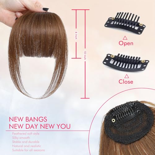 ELEFOCUS Clip in Bangs Real Human Hair Light Brown 100 Human Hair French Bangs Fake Bangs Hair Clip on bangs for women Fringe with Temples Hairpieces Curved Bangs for Daily Wear - Image 3