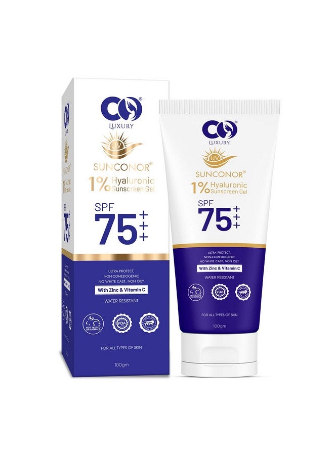 CO All Skin LUXURY Sunscreen SPF 75 PA++ | Broad Spectrum UVA/UVB Gel | Non-Greasy,Lightweight Sunblock With Hyaluronic Acid, Zinc & Vitamin C | For Men & Women | No White Cast | 100gm (Pack of 1) - Image 1