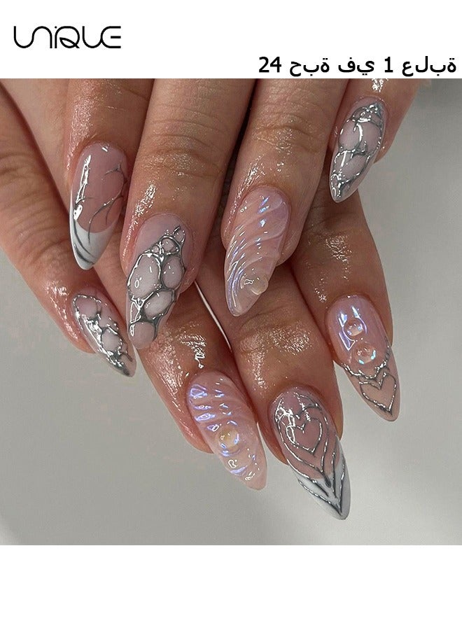 Unique 24Pcs Fake Nails, Press Nails, Mid-Almond Manicure - Light Pink Silver Love Manicure - 3D Wave Pattern Nail Art - Fake Nail Patch - Image 1
