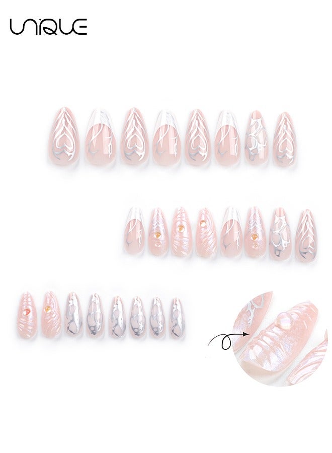 Unique 24Pcs Fake Nails, Press Nails, Mid-Almond Manicure - Light Pink Silver Love Manicure - 3D Wave Pattern Nail Art - Fake Nail Patch - Image 2
