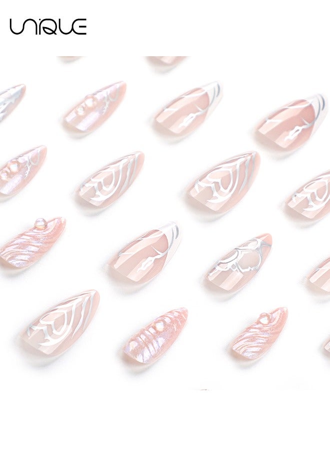 Unique 24Pcs Fake Nails, Press Nails, Mid-Almond Manicure - Light Pink Silver Love Manicure - 3D Wave Pattern Nail Art - Fake Nail Patch - Image 3