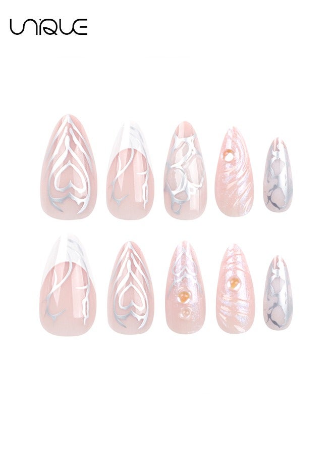 Unique 24Pcs Fake Nails, Press Nails, Mid-Almond Manicure - Light Pink Silver Love Manicure - 3D Wave Pattern Nail Art - Fake Nail Patch - Image 4
