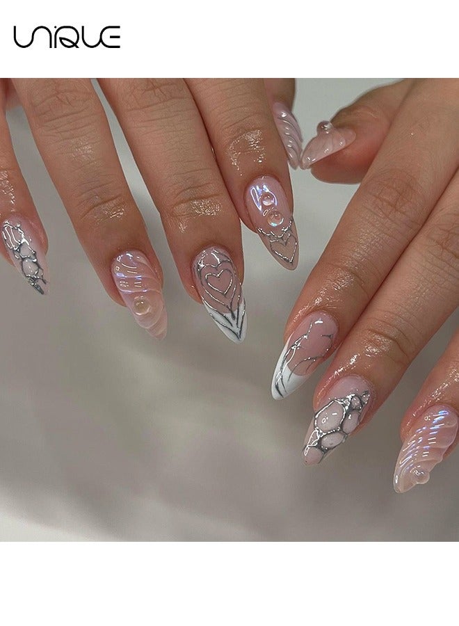 Unique 24Pcs Fake Nails, Press Nails, Mid-Almond Manicure - Light Pink Silver Love Manicure - 3D Wave Pattern Nail Art - Fake Nail Patch - Image 5