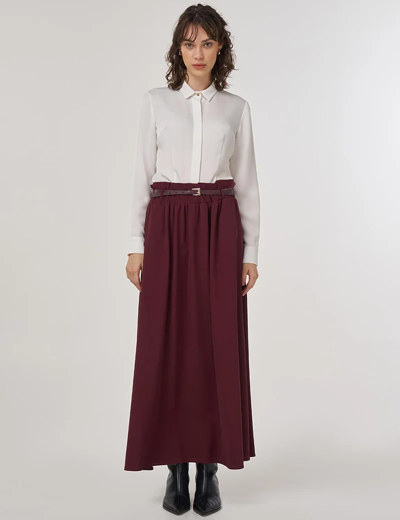 Kayra Belt Detail Flared Skirt Burgundy