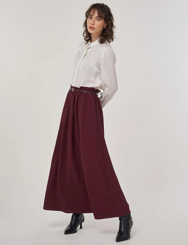 Kayra Belt Detail Flared Skirt Burgundy