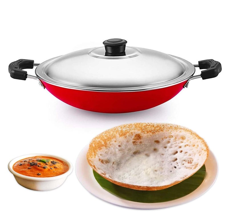 AADHIK Non-Stick Appa Chetty, Aluminium Appachatty, 23cm Diameter, 2.6mm Appachatti, Gas Compatible, Red - Image 1