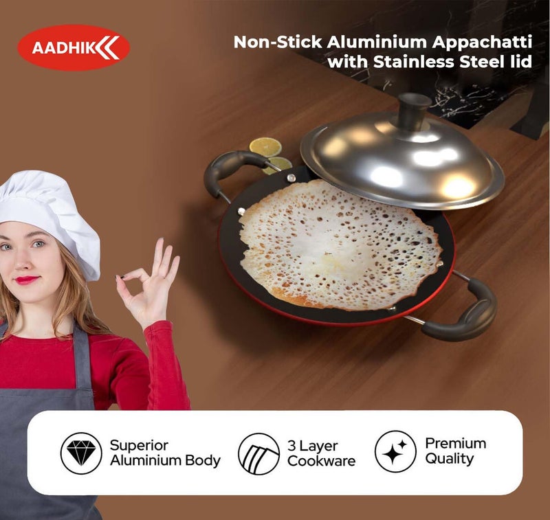 AADHIK Non-Stick Appa Chetty, Aluminium Appachatty, 23cm Diameter, 2.6mm Appachatti, Gas Compatible, Red - Image 3