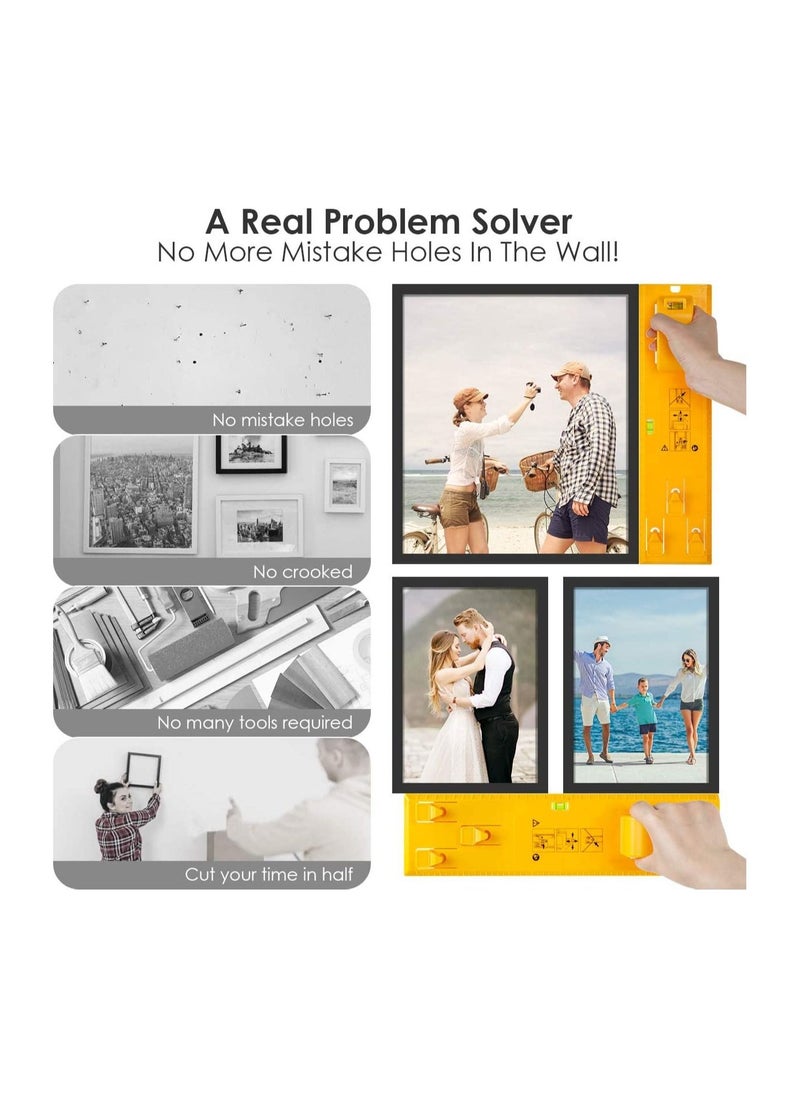 Picture Hanging Kit, Picture Frame Hanger Tool with Level and Position Nail, Picture Hanger Tools Picture Hanging Wire, Hooks, Nails and Hanger Level, Suitable for All Wall Materials Yellow