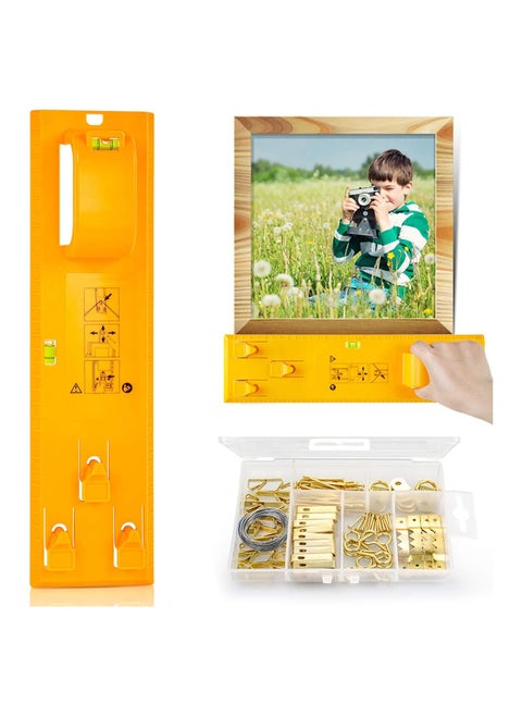 Picture Hanging Kit, Picture Frame Hanger Tool with Level and Position Nail, Picture Hanger Tools Picture Hanging Wire, Hooks, Nails and Hanger Level, Suitable for All Wall Materials Yellow