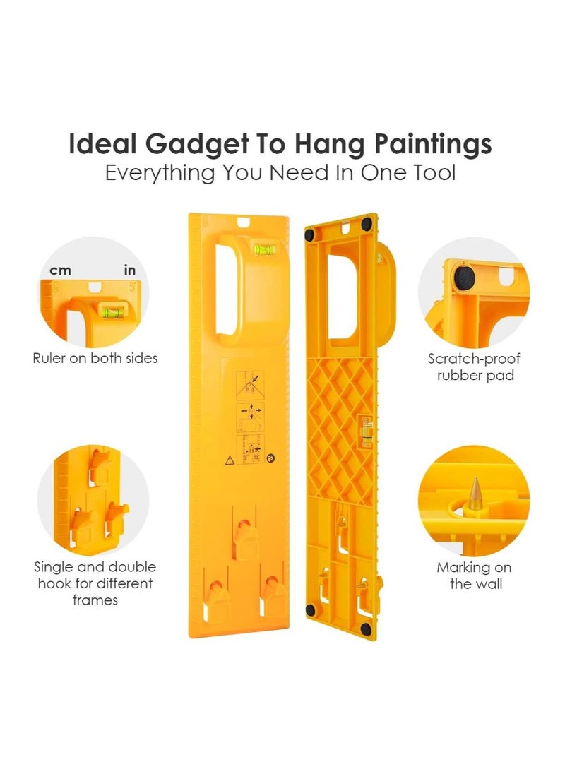 Picture Hanging Kit, Picture Frame Hanger Tool with Level and Position Nail, Picture Hanger Tools Picture Hanging Wire, Hooks, Nails and Hanger Level, Suitable for All Wall Materials Yellow
