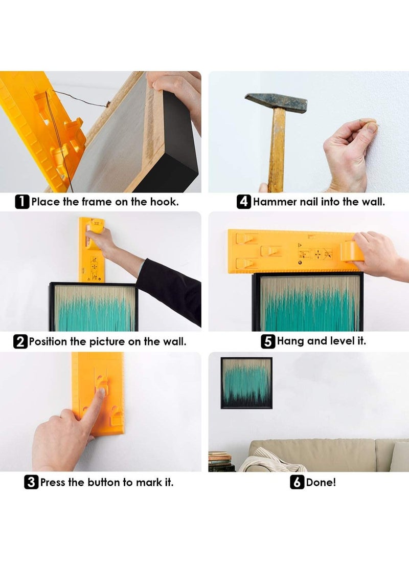 Picture Hanging Kit, Picture Frame Hanger Tool with Level and Position Nail, Picture Hanger Tools Picture Hanging Wire, Hooks, Nails and Hanger Level, Suitable for All Wall Materials Yellow