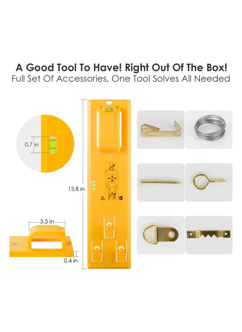 Picture Hanging Kit, Picture Frame Hanger Tool with Level and Position Nail, Picture Hanger Tools Picture Hanging Wire, Hooks, Nails and Hanger Level, Suitable for All Wall Materials Yellow