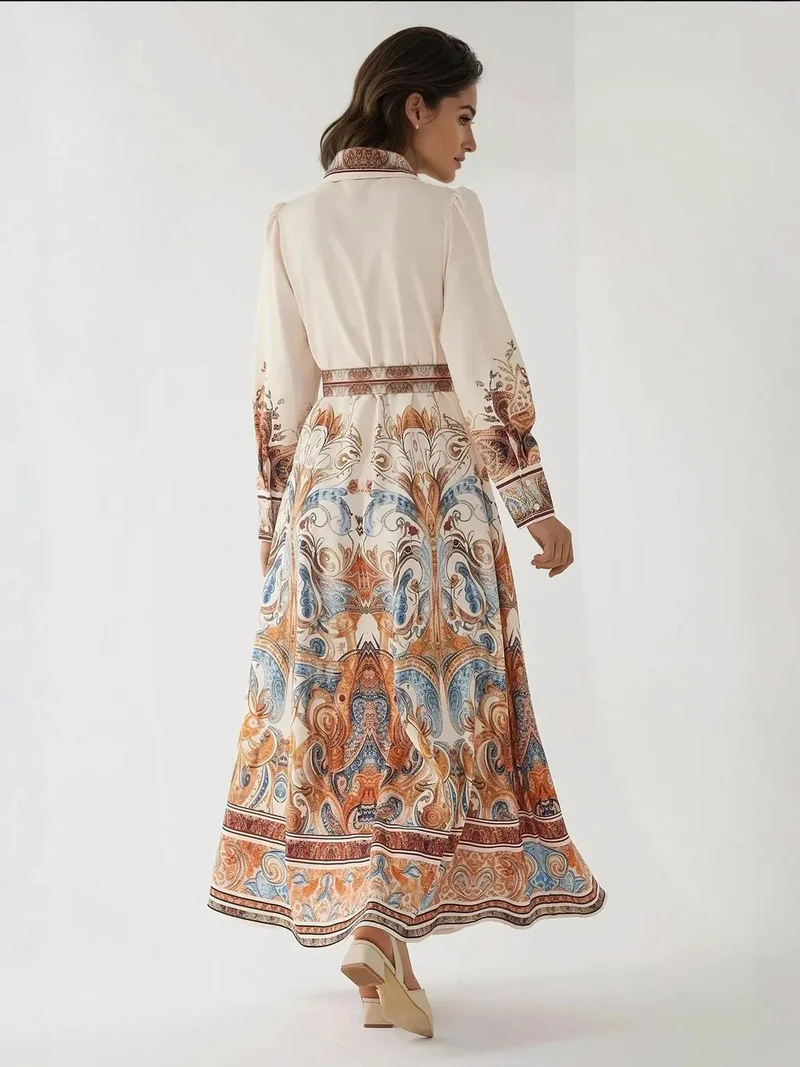 HICCUP White Printed Long Sleeve Maxi Dress with Belt for Women | Best Price UAE