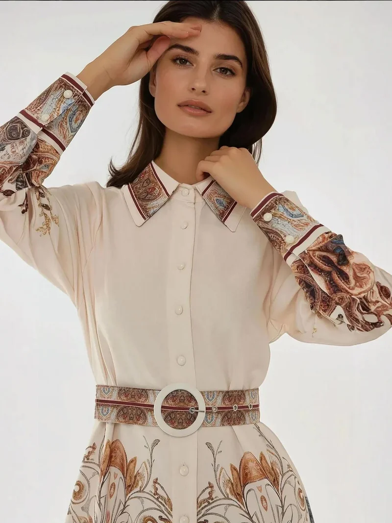 HICCUP White Printed Long Sleeve Maxi Dress with Belt for Women | Best Price UAE