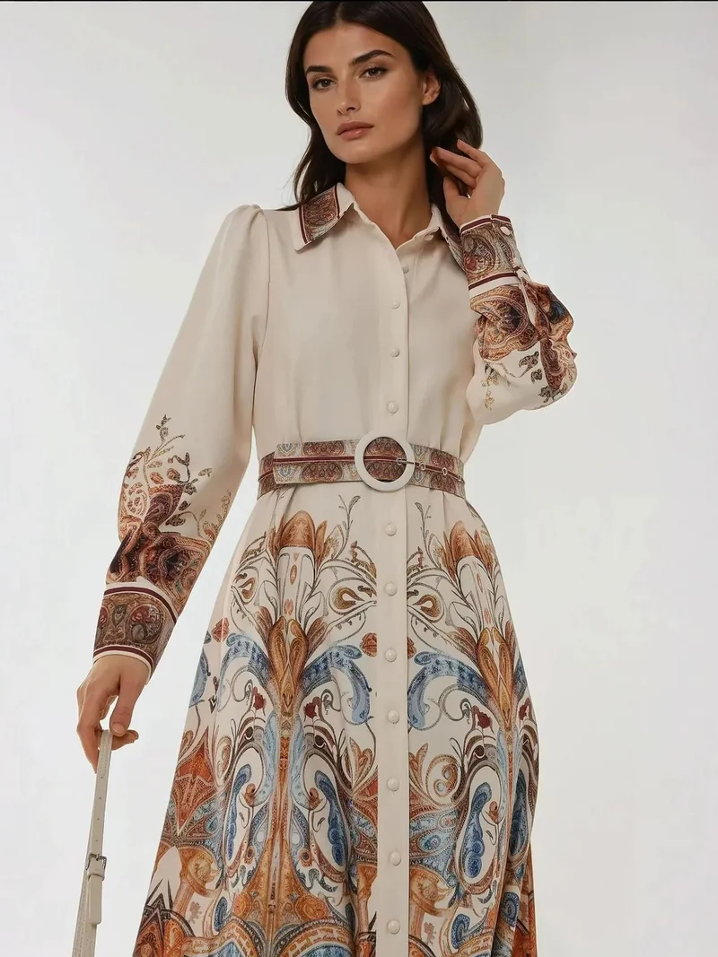 HICCUP White Printed Long Sleeve Maxi Dress with Belt for Women | Best Price UAE