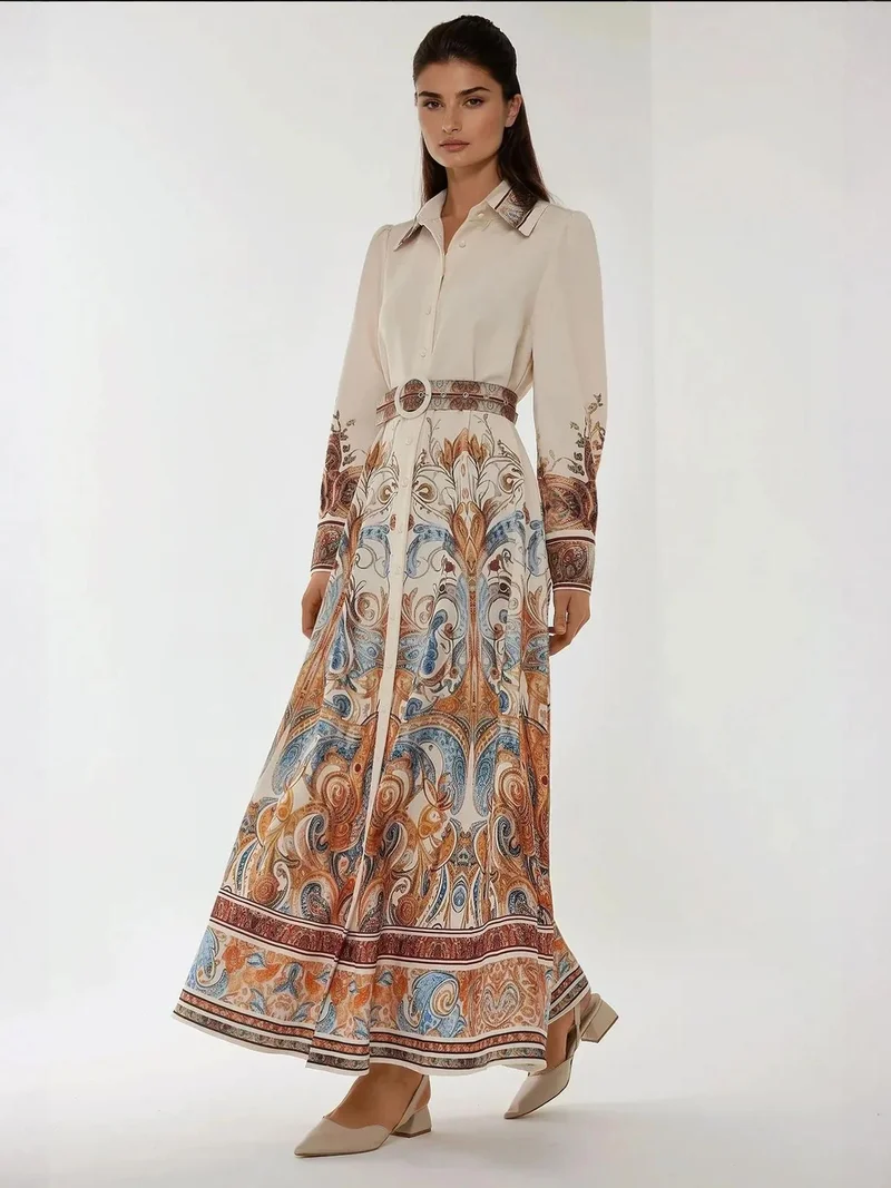 HICCUP White Printed Long Sleeve Maxi Dress with Belt for Women | Best Price UAE