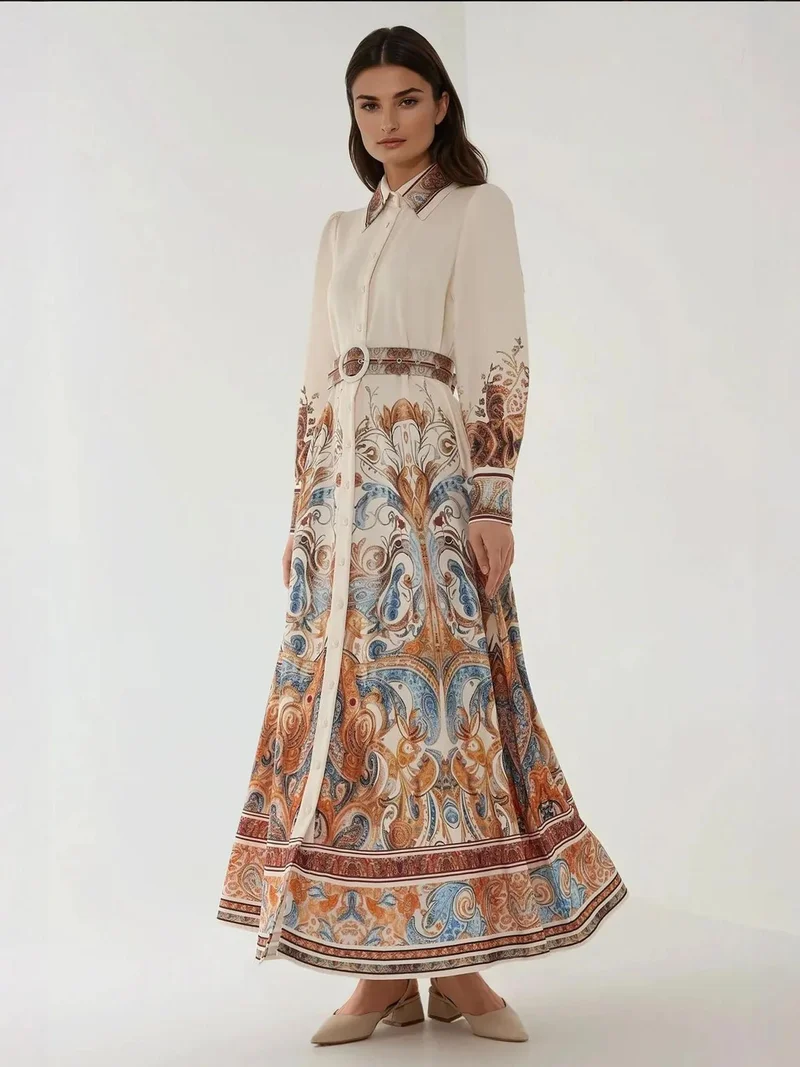 زوبعة فستان ماكسي طويل الأكمام مطبوع بحزام