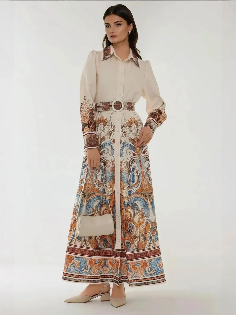 زوبعة فستان ماكسي طويل الأكمام مطبوع بحزام