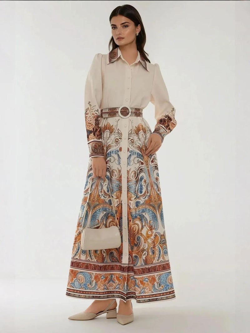 HICCUP Printed Long Sleeve Maxi Dress with Belt - Image 1