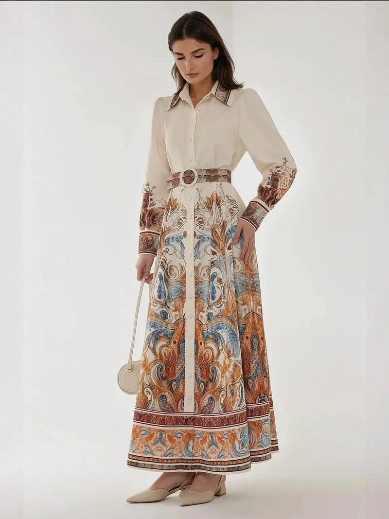 HICCUP White Printed Long Sleeve Maxi Dress with Belt for Women | Best Price UAE