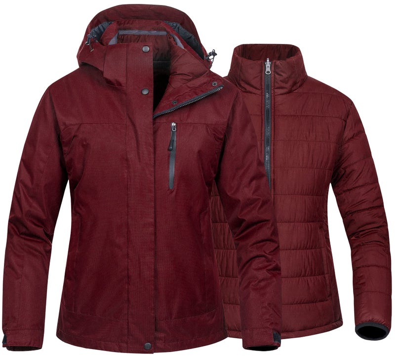 CREATMO US Women's Mountain Winter Snow Ski Jacket Waterproof Parka Rain Coat Insulated Snowboard Windproof Outdoor 3-In-1 Skiing Snowboarding Outerwear With Hooded Wine Red M - Image 1