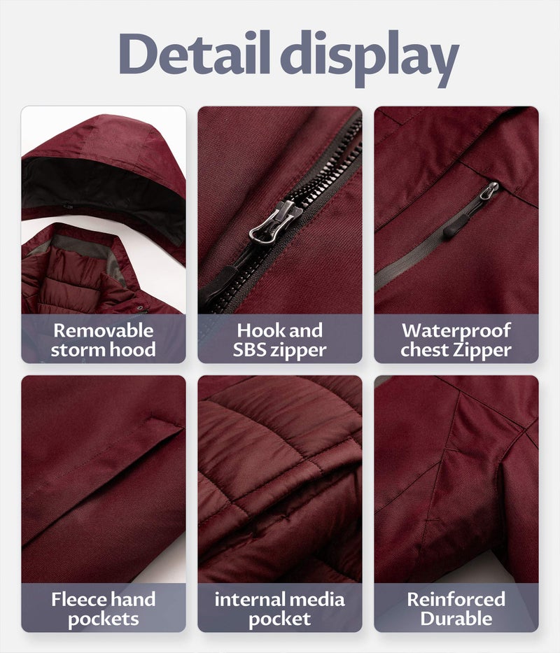 CREATMO US Women's Mountain Winter Snow Ski Jacket Waterproof Parka Rain Coat Insulated Snowboard Windproof Outdoor 3-In-1 Skiing Snowboarding Outerwear With Hooded Wine Red M - Image 5