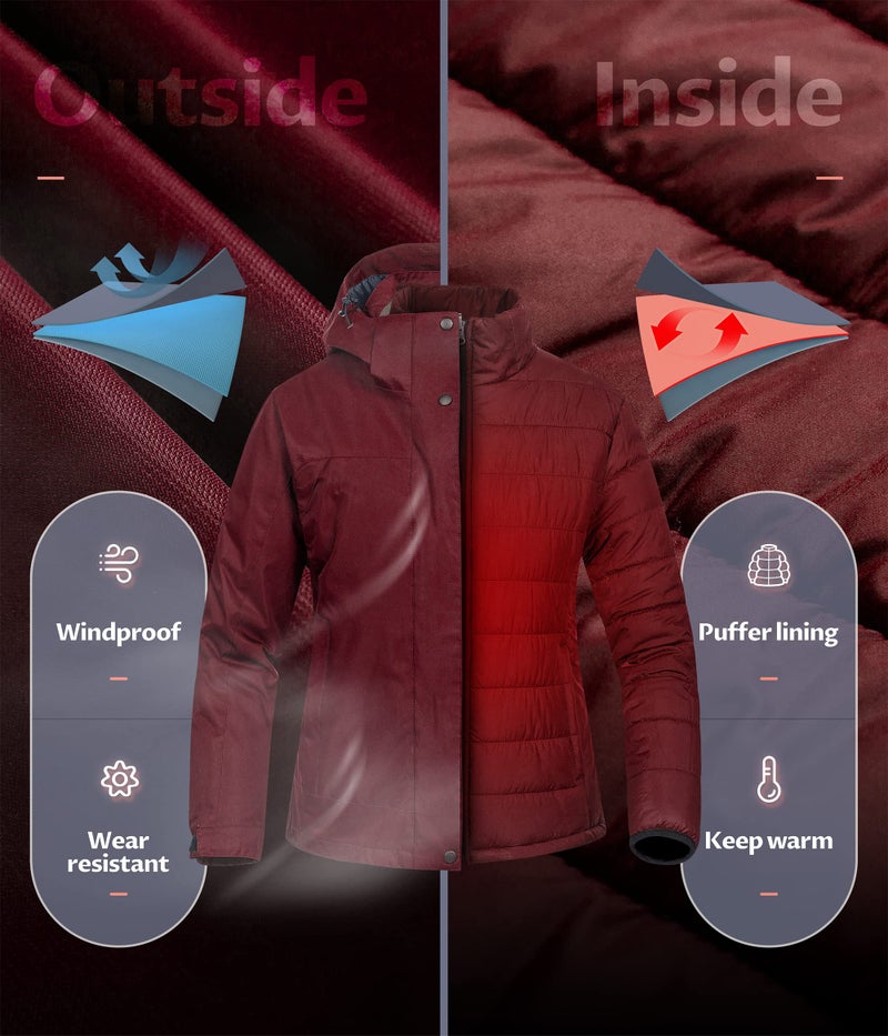 CREATMO US Women's Mountain Winter Snow Ski Jacket Waterproof Parka Rain Coat Insulated Snowboard Windproof Outdoor 3-In-1 Skiing Snowboarding Outerwear With Hooded Wine Red M - Image 3