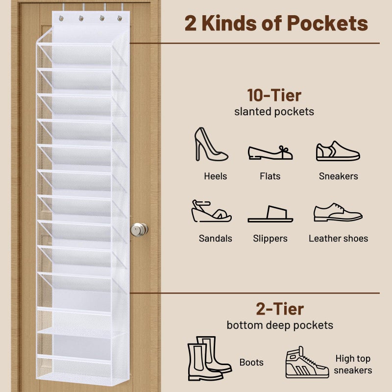 MISSLO 12 Tier Over the Door Shoe Organizer Large Capacity Hanging Shoe Rack for Closet Storage Narrow Sneaker Holder for Door Fit 24 Pairs Sandals, Heels, Boots (White) - Image 4