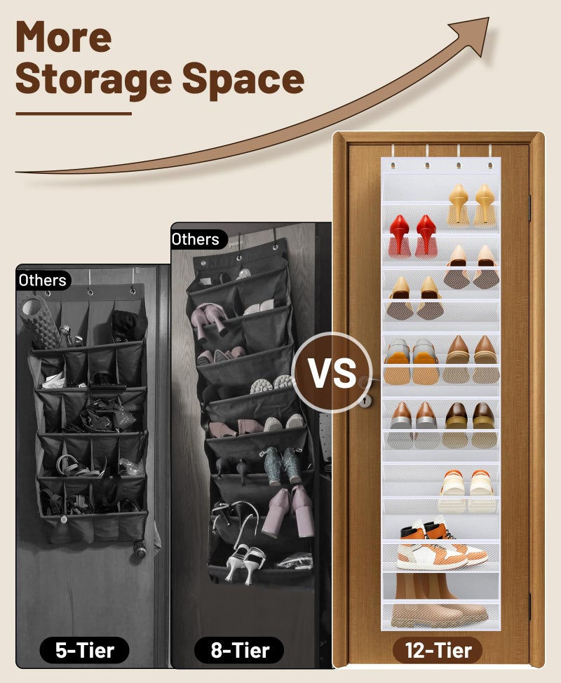 MISSLO 12 Tier Over the Door Shoe Organizer Large Capacity Hanging Shoe Rack for Closet Storage Narrow Sneaker Holder for Door Fit 24 Pairs Sandals, Heels, Boots (White) - Image 3