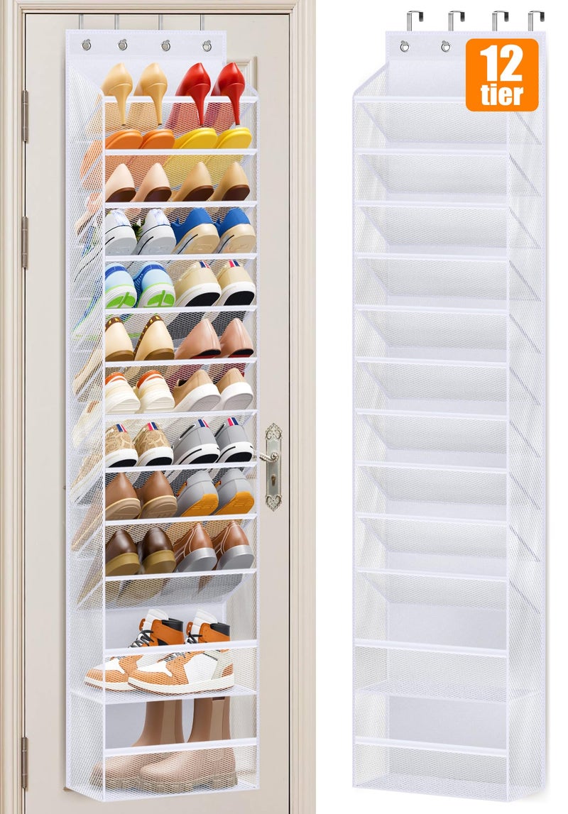 MISSLO 12 Tier Over the Door Shoe Organizer Large Capacity Hanging Shoe Rack for Closet Storage Narrow Sneaker Holder for Door Fit 24 Pairs Sandals, Heels, Boots (White) - Image 1