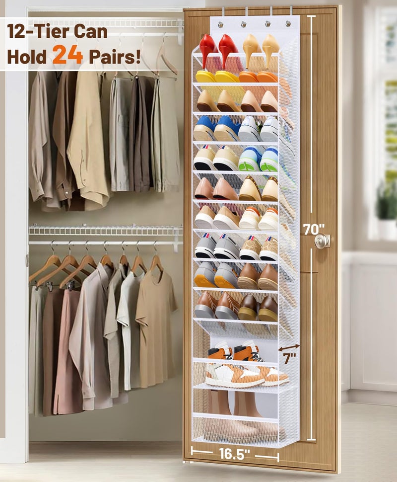 MISSLO 12 Tier Over the Door Shoe Organizer Large Capacity Hanging Shoe Rack for Closet Storage Narrow Sneaker Holder for Door Fit 24 Pairs Sandals, Heels, Boots (White) - Image 2