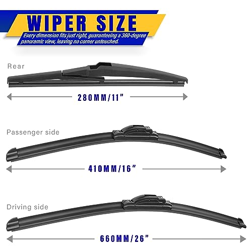 Rooppa 3 wipers Replacement for 2012-2017 Kia Rio/2012-2019 Hyundai Accent, Windshield Wiper Blades Original Equipment Replacement - 26"/16"/11" (Set of 3) U/J HOOK - Image 2