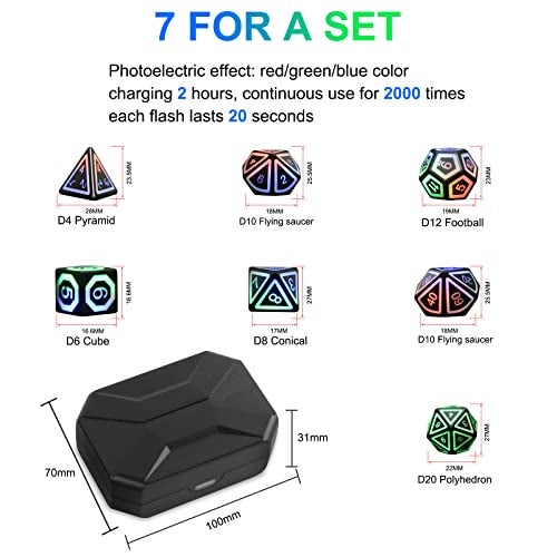 EXCECAR Rechargable DND Dice Set Light Up Dice 7 PCS Glowing Balanced LED Dice Electronic Dices DD Dice Polyhedral Dice Set RPG Role Playing Table Game - Image 5