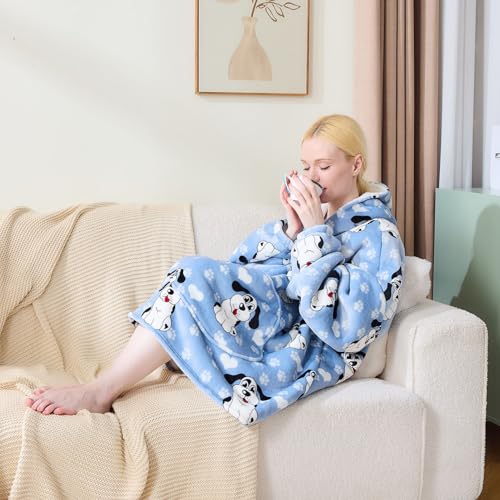 Moinlizy Wearable Blanket Hoodie, Oversized Hooded Blanket for Adult Women Men with Pocket and Sleeves Animal Blue Dog - Image 4