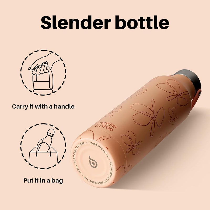 bottle bottle زجاجة ماء معزولة سعة 600 مل مع مقبض - تصميم زهرة برتقالية - Image 5