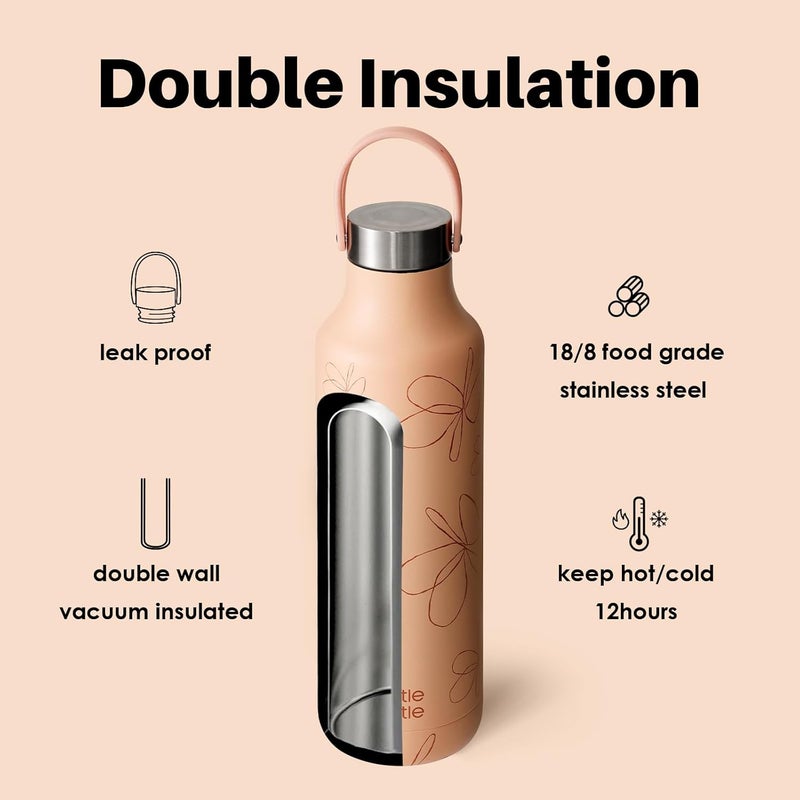 bottle bottle زجاجة ماء معزولة سعة 600 مل مع مقبض - تصميم زهرة برتقالية - Image 3