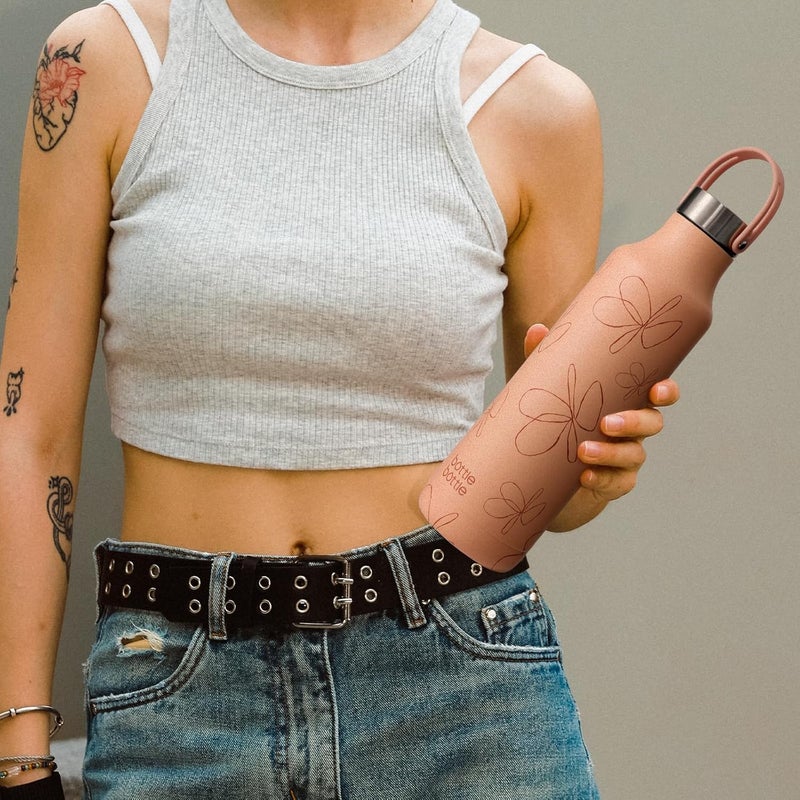 bottle bottle زجاجة ماء معزولة سعة 600 مل مع مقبض - تصميم زهرة برتقالية - Image 2