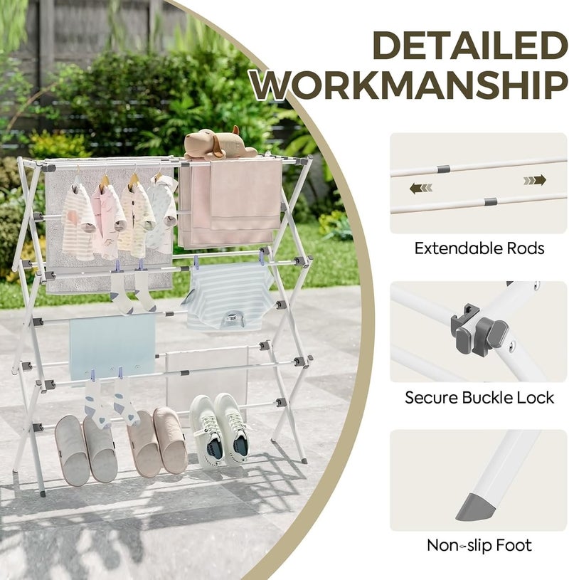 APEXCHASER رف تجفيف الملابس من ، حجم كبير جدًا، قابل للطي والتمديد، مع إمكانية تعديل الحجم (20.87 إلى 35.43 بوصة)، إطار موفر للمساحة ومقاوم للصدأ، مناسب للاستخدام داخليًا أو خارجيًا، باللون الأبيض. - Image 3