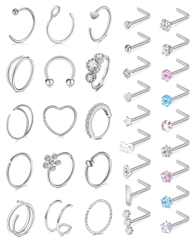 Incaton 33PC 20G Stainless Steel Nose Rings Hoops L Shaped Studs Screw Nose Piercings Jewelry for Women Men Silver Rose Gold Black Rainbow - Image 1