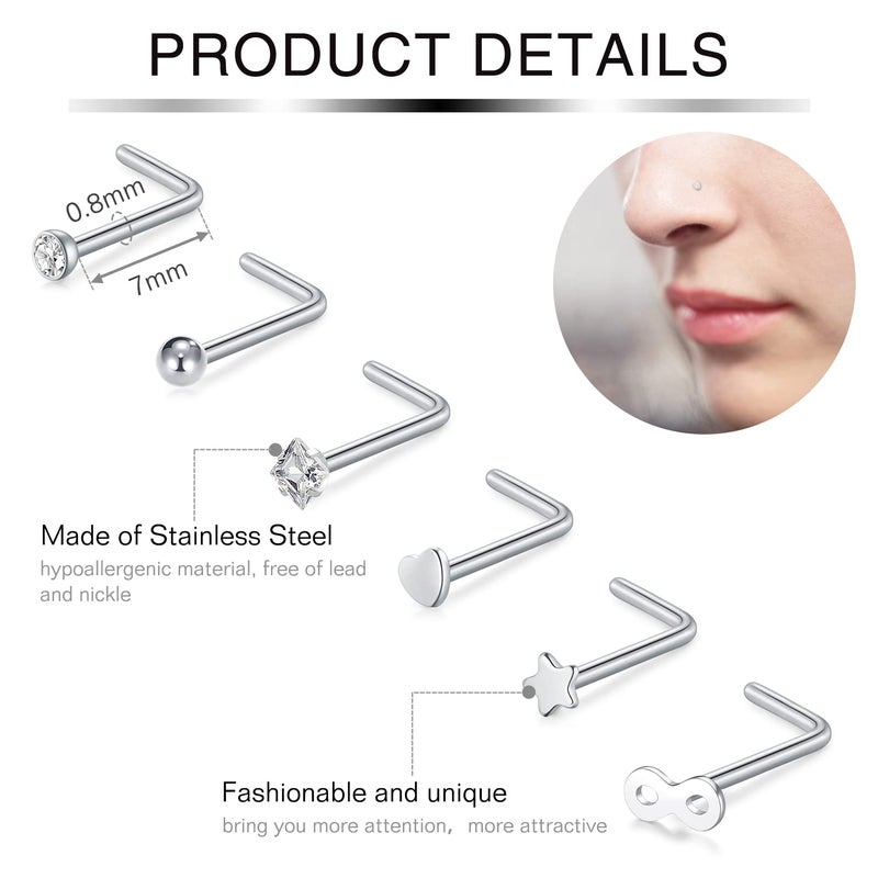 Incaton 33PC 20G Stainless Steel Nose Rings Hoops L Shaped Studs Screw Nose Piercings Jewelry for Women Men Silver Rose Gold Black Rainbow - Image 3
