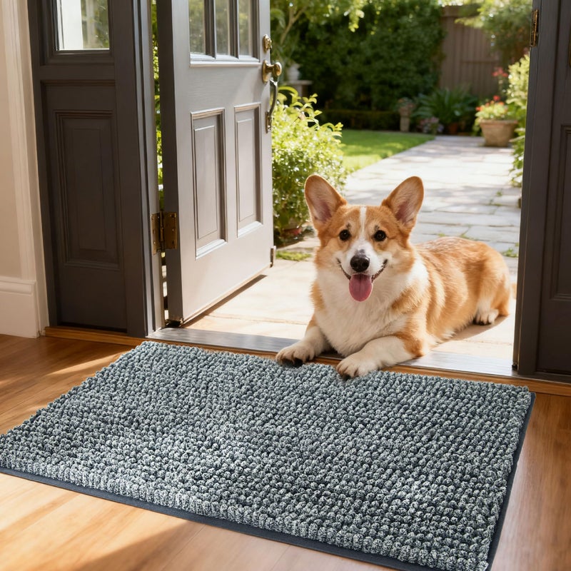 Bedsure Dog Door Mat for Muddy Paws, High-Low Absorbent Chenille Indoor Entrance Mud Dirt Trapper Soak-Stopper, Machine Washable Non-Slip Entryway Rug for Pets, 30"x19" Grey - Image 1