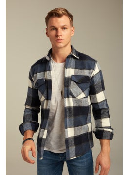 Cool Tarz Cool Style Blue Men's Slim Fit Button-down Collar Double Pocket Lumberjack Plaid Shirt  - Image 1