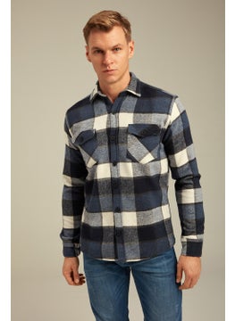 Cool Tarz Cool Style Blue Men's Slim Fit Button-down Collar Double Pocket Lumberjack Plaid Shirt  - Image 3