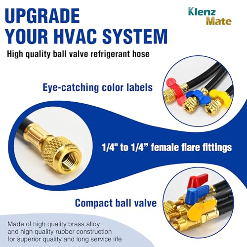 KlenzMate Upgraded 14 A2L Refrigerant Hose72 Compact Ball Valve Refrigerant Hose Kit with ColorCoded Wrench A2L HVAC Hose for R1234YF R134A R410A 14 x 14 Flare Fittings Pack of 3 - Image 3