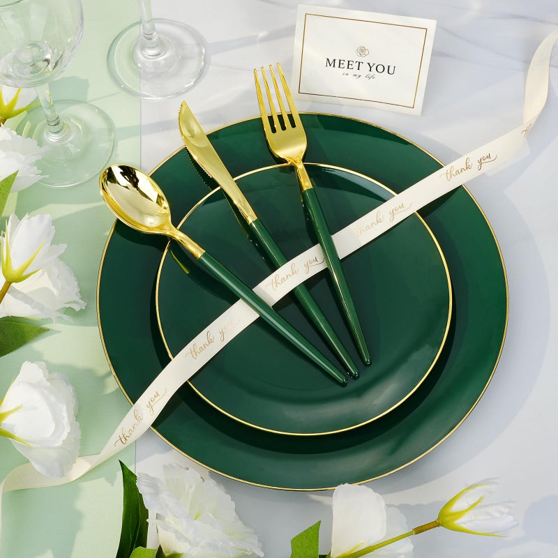 Bestluck 100 PCS Green Gold Plastic Plates, 7 inch Green Disposable Plates for Party, Disposable Dessert Plates for Party, Graduation, Birthday, Wedding - Image 3