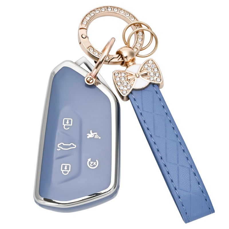 JAMCARI for Volkswagen Key Fob Cover - 5 Button Soft TPU Protection Car Key Case for VW Golf GTI Skoda Octavia ID3 ID4 MK8 Smart Key Case with Bling Keychain Cute Girly (Blue) - Image 1