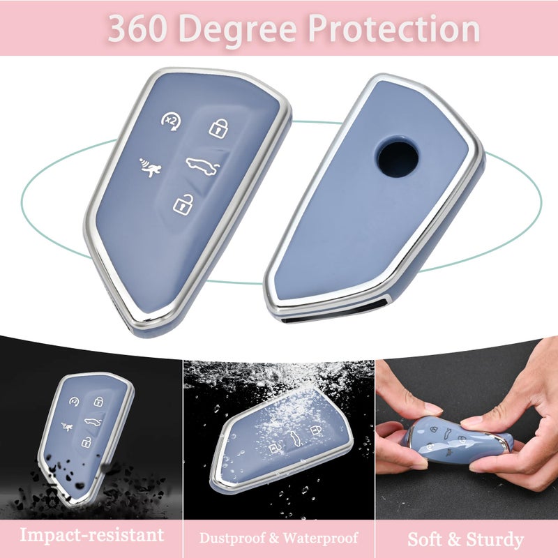 JAMCARI for Volkswagen Key Fob Cover - 5 Button Soft TPU Protection Car Key Case for VW Golf GTI Skoda Octavia ID3 ID4 MK8 Smart Key Case with Bling Keychain Cute Girly (Blue) - Image 3