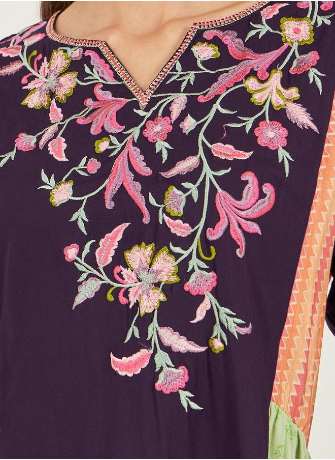 Maxim Creation Color Block Pleated Detail Jalabiya with Embroidery by Styli  - Image 4
