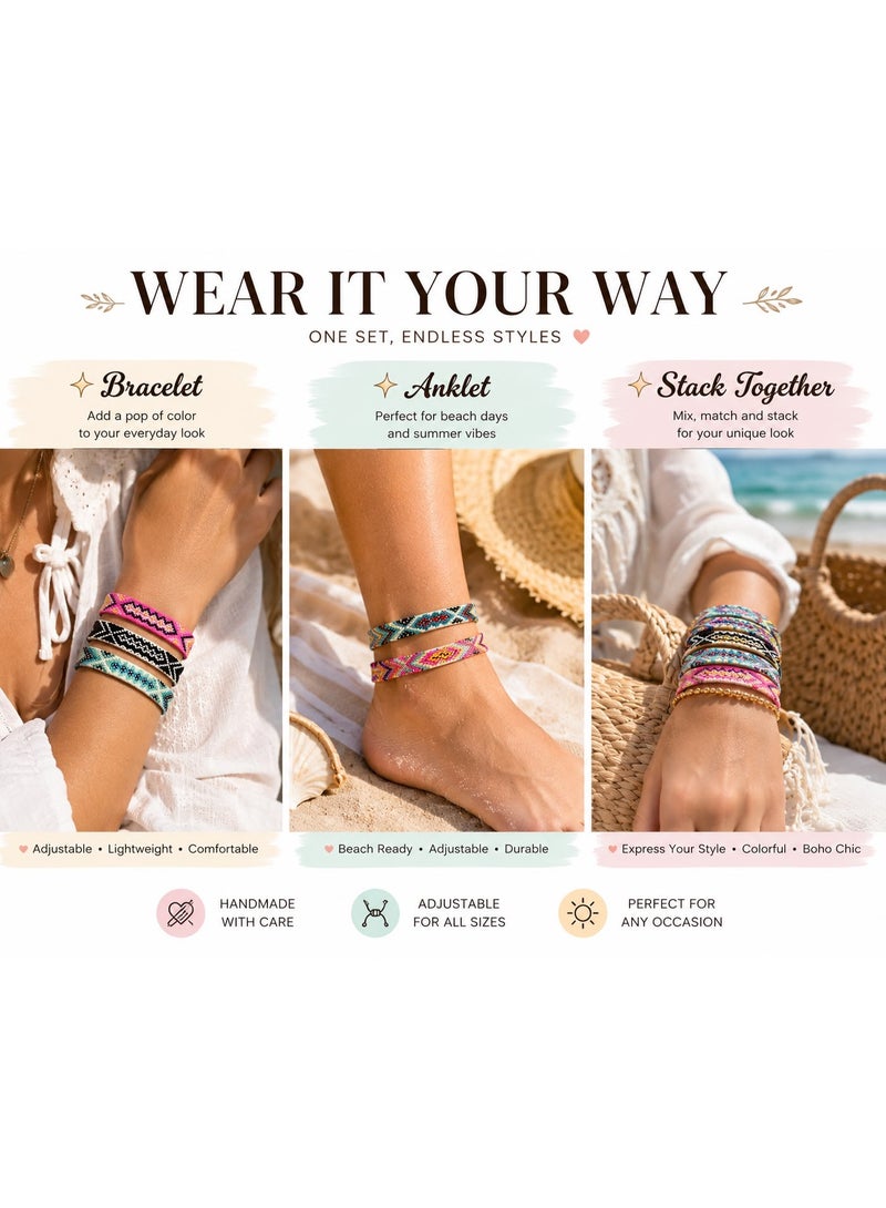 12-Piece Set Colorful Handmade Braided Adjustable Bracelets with Arrow and Ripple Design, Multicolor Friendship Bracelets for Women and Girls, Boho Summer Fashion Jewelry - Image 5
