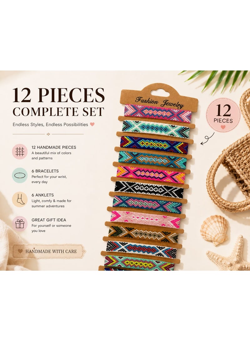12-Piece Set Colorful Handmade Braided Adjustable Bracelets with Arrow and Ripple Design, Multicolor Friendship Bracelets for Women and Girls, Boho Summer Fashion Jewelry - Image 1